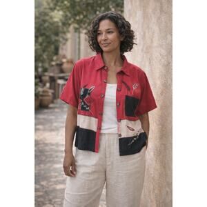 Vintage 90s Chrysantheme Linen Cotton Patchwork Embroidered Shirt L Artcore